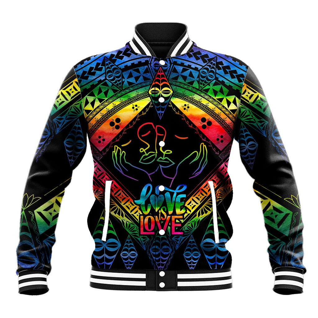 Tonga LGBT Baseball Jacket Love Is Love Ngatu Rainbow Water Color LT9 Unisex Black - Polynesian Pride