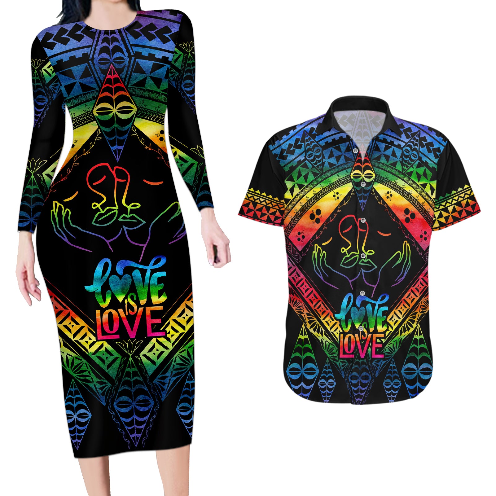 tonga-lgbt-couples-matching-long-sleeve-bodycon-dress-and-hawaiian-shirt-love-is-love-ngatu-rainbow-water-color