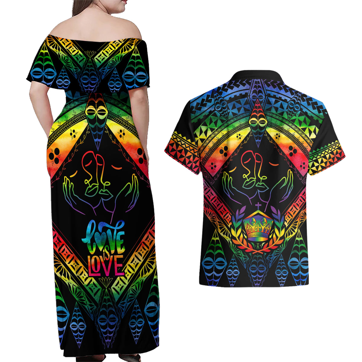 tonga-lgbt-couples-matching-off-shoulder-maxi-dress-and-hawaiian-shirt-love-is-love-ngatu-rainbow-water-color