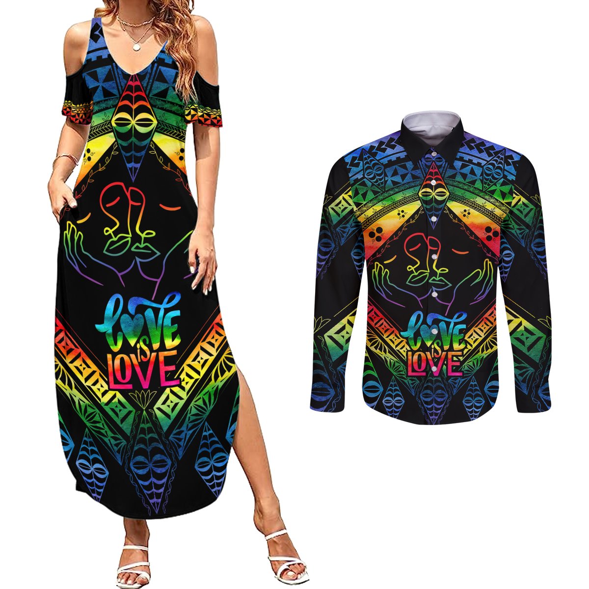 tonga-lgbt-couples-matching-summer-maxi-dress-and-long-sleeve-button-shirts-love-is-love-ngatu-rainbow-water-color
