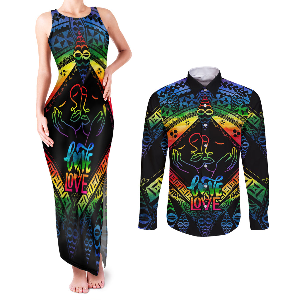 tonga-lgbt-couples-matching-tank-maxi-dress-and-long-sleeve-button-shirts-love-is-love-ngatu-rainbow-water-color