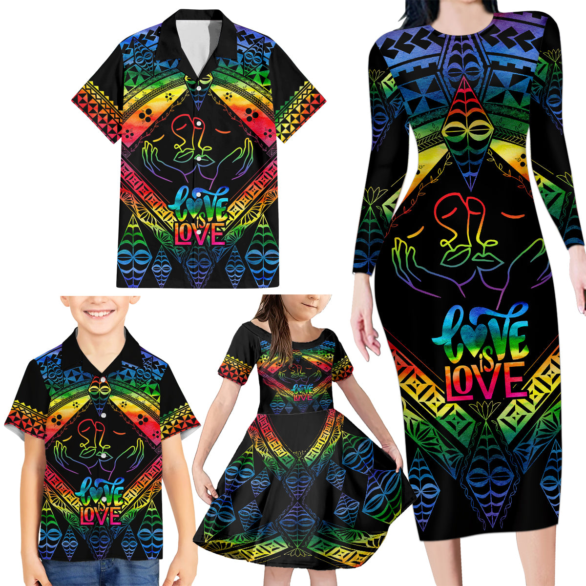 Tonga LGBT Family Matching Long Sleeve Bodycon Dress and Hawaiian Shirt Love Is Love Ngatu Rainbow Water Color LT9 - Polynesian Pride