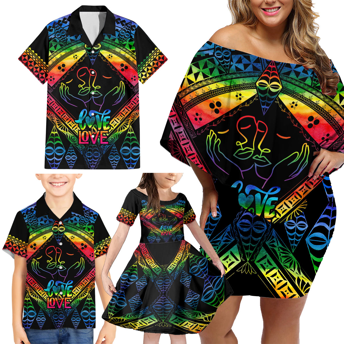 Tonga LGBT Family Matching Off Shoulder Short Dress and Hawaiian Shirt Love Is Love Ngatu Rainbow Water Color LT9 - Polynesian Pride