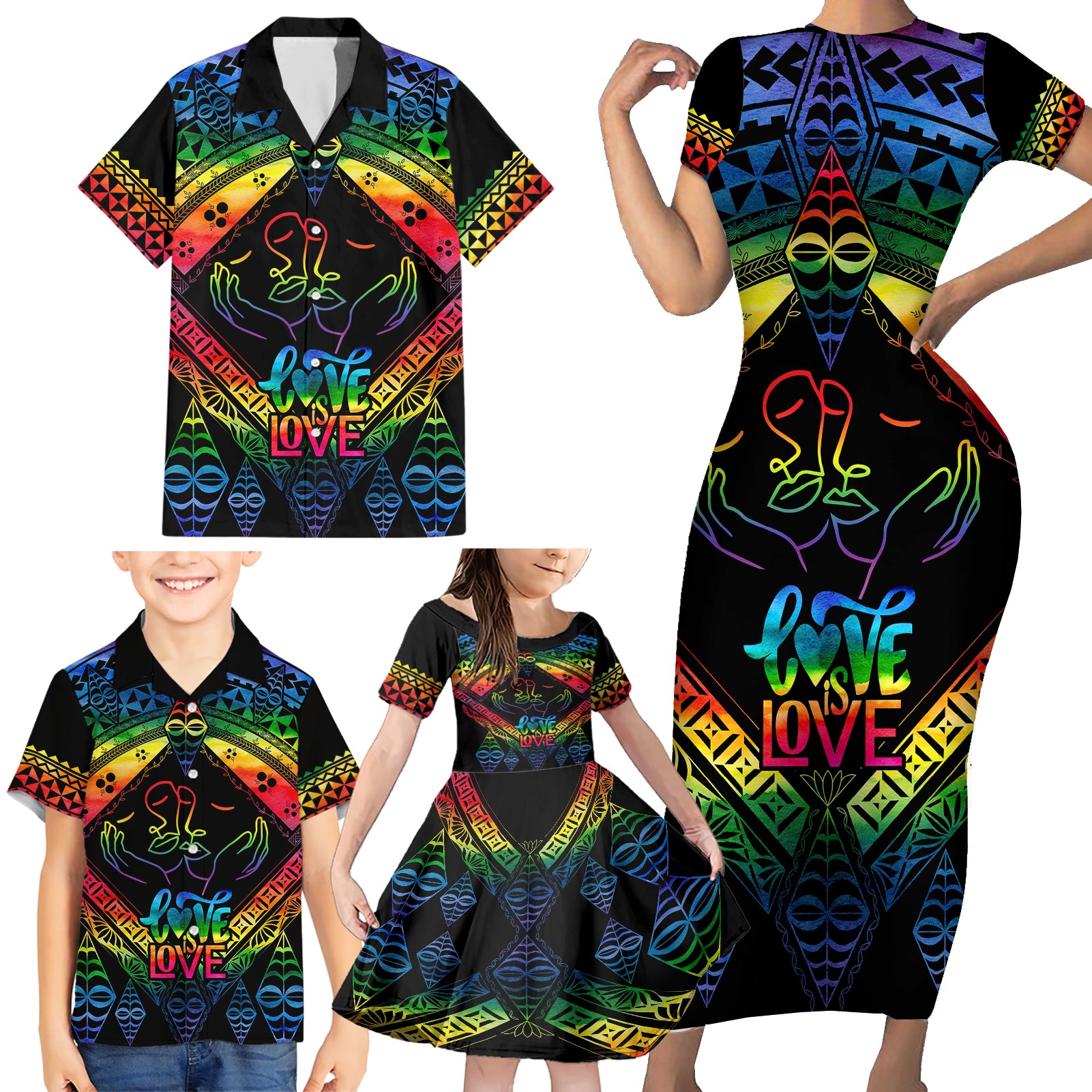 Tonga LGBT Family Matching Short Sleeve Bodycon Dress and Hawaiian Shirt Love Is Love Ngatu Rainbow Water Color LT9 - Polynesian Pride