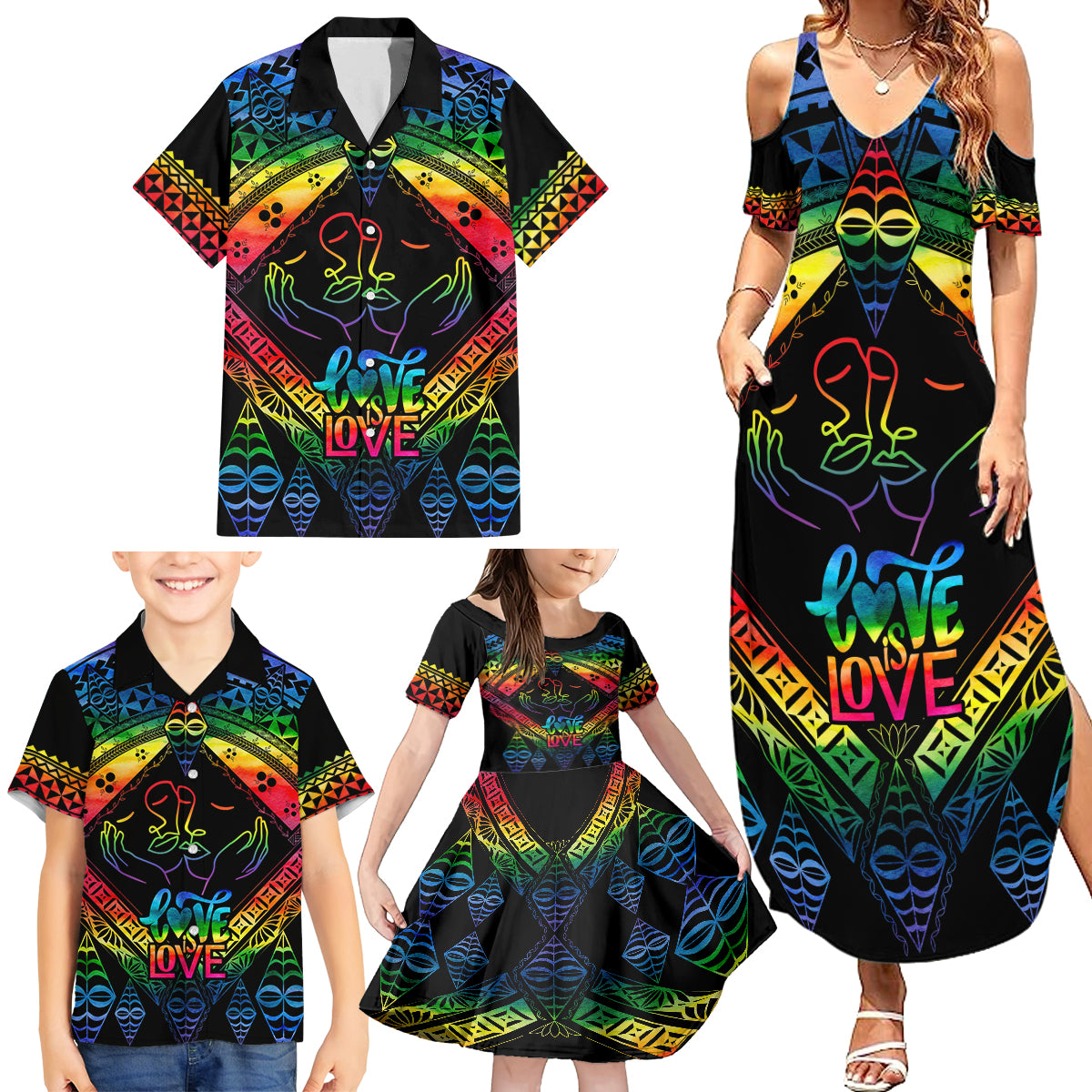 Tonga LGBT Family Matching Summer Maxi Dress and Hawaiian Shirt Love Is Love Ngatu Rainbow Water Color LT9 - Polynesian Pride