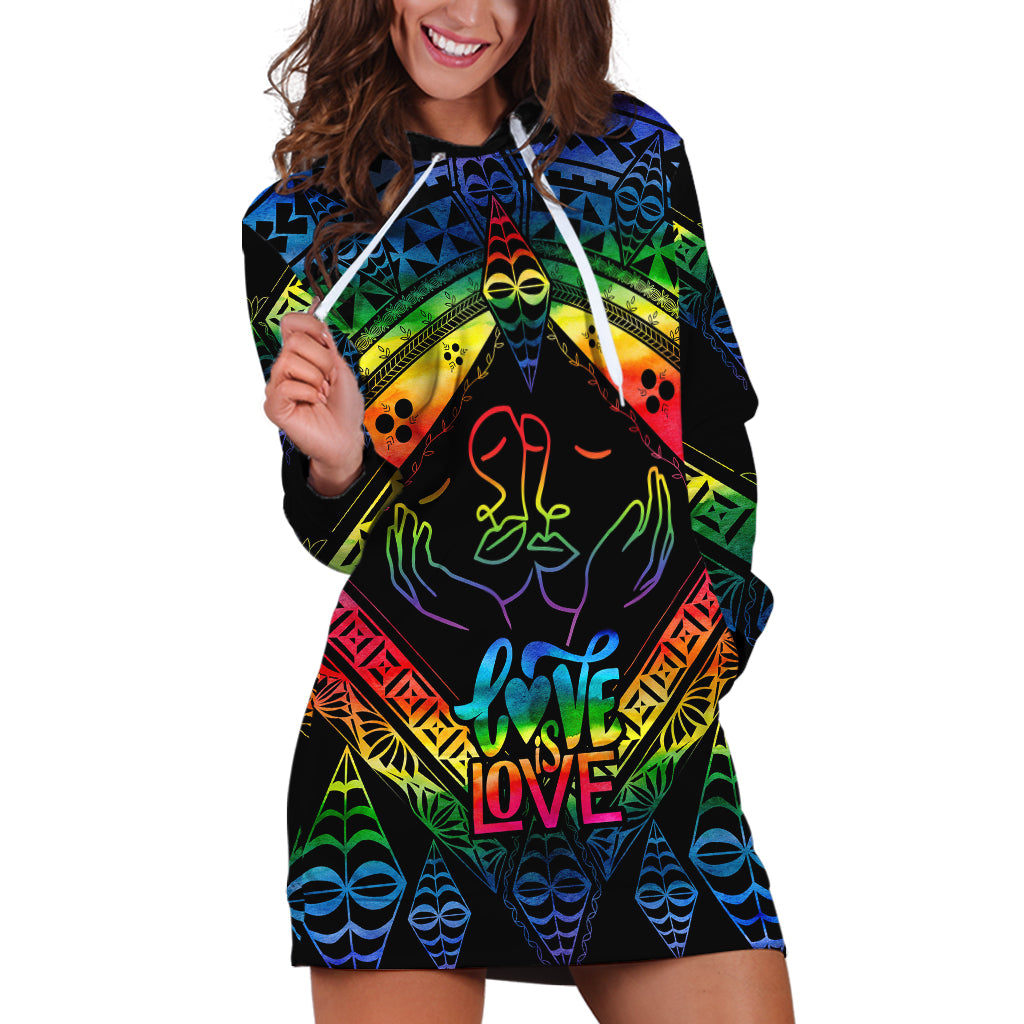 Tonga LGBT Hoodie Dress Love Is Love Ngatu Rainbow Water Color LT9 Black - Polynesian Pride