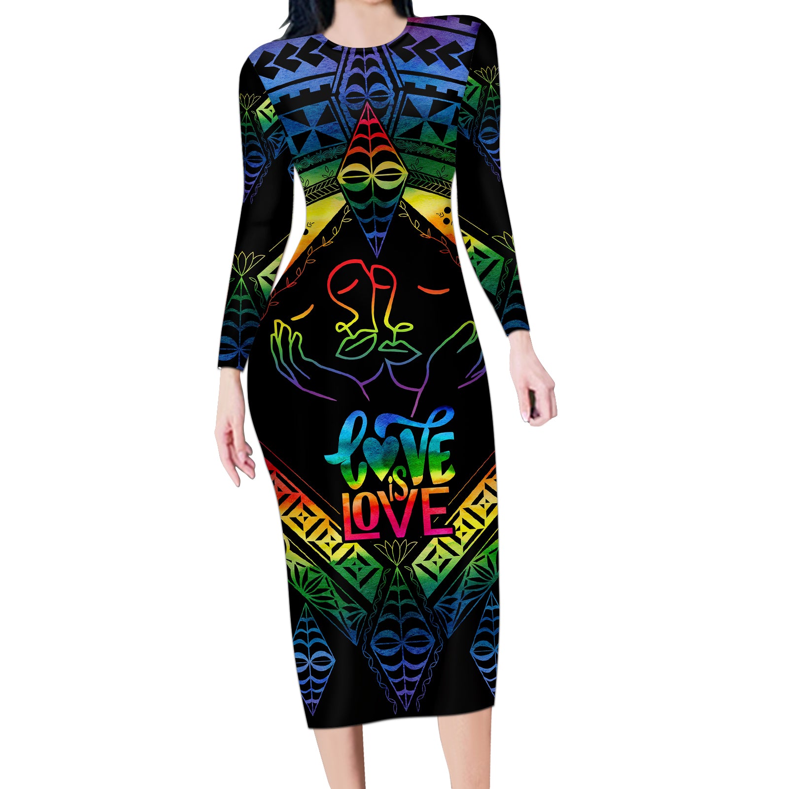 tonga-lgbt-long-sleeve-bodycon-dress-love-is-love-ngatu-rainbow-water-color