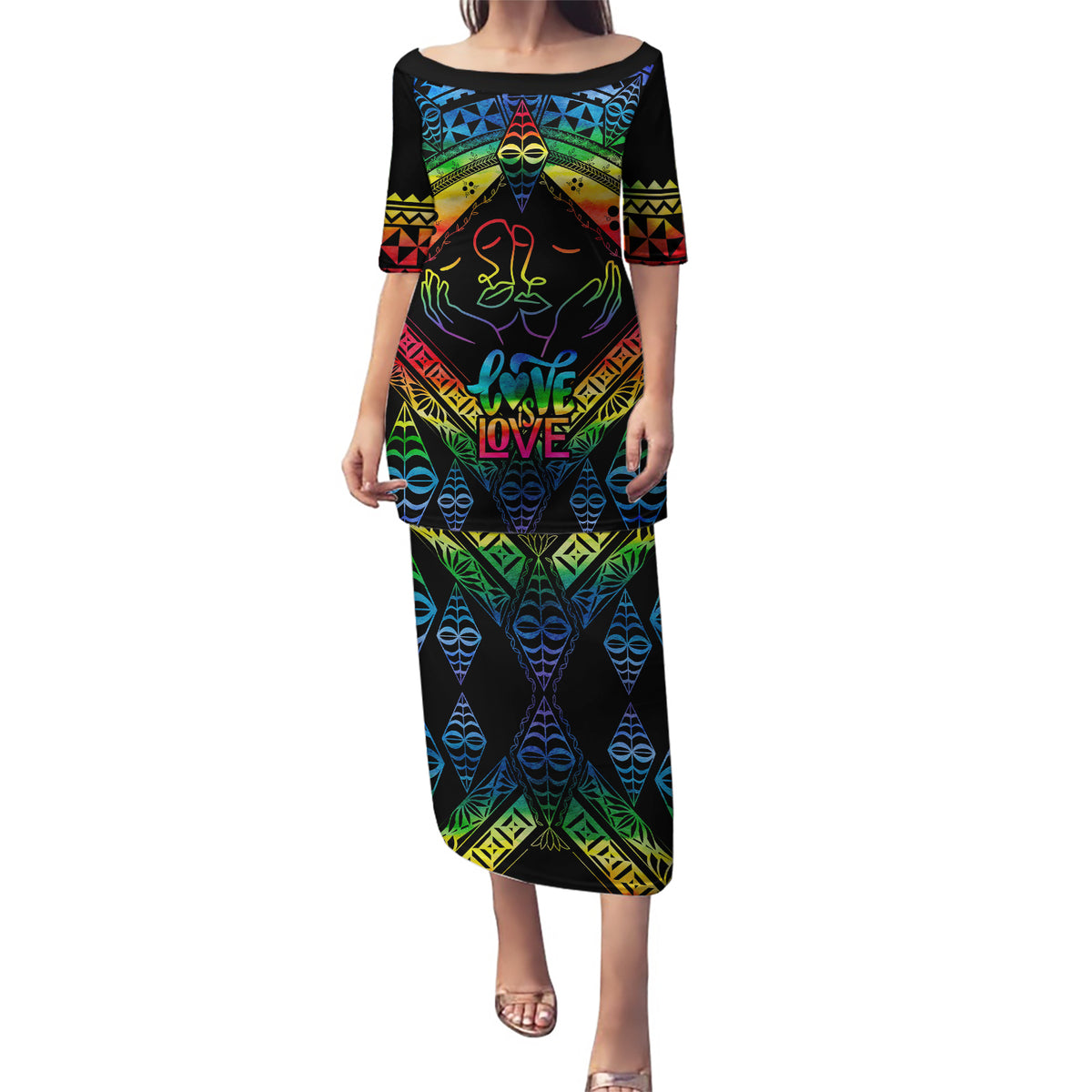 Tonga LGBT Puletasi Love Is Love Ngatu Rainbow Water Color LT9 Long Dress Black - Polynesian Pride