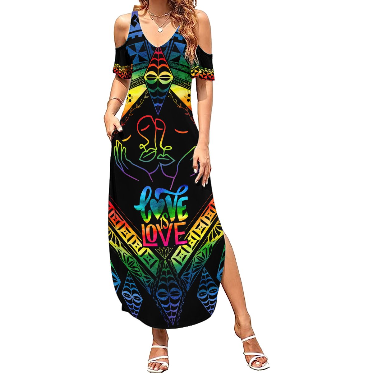 Tonga LGBT Summer Maxi Dress Love Is Love Ngatu Rainbow Water Color LT9 Women Black - Polynesian Pride