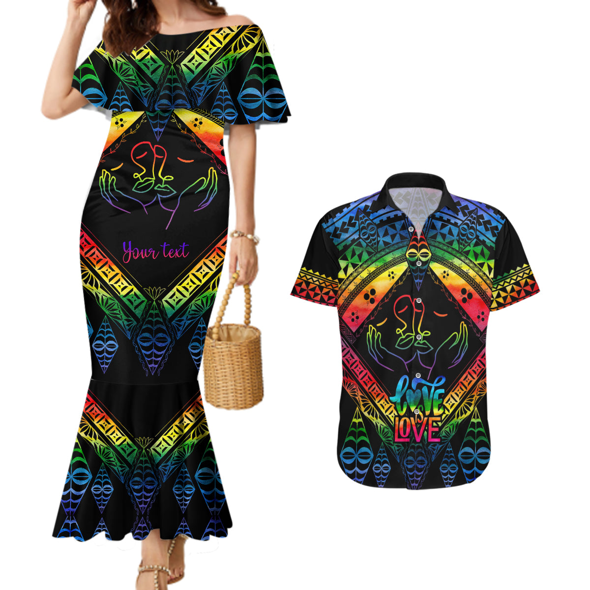 personalised-tonga-lgbt-couples-matching-mermaid-dress-and-hawaiian-shirt-love-is-love-ngatu-rainbow-water-color