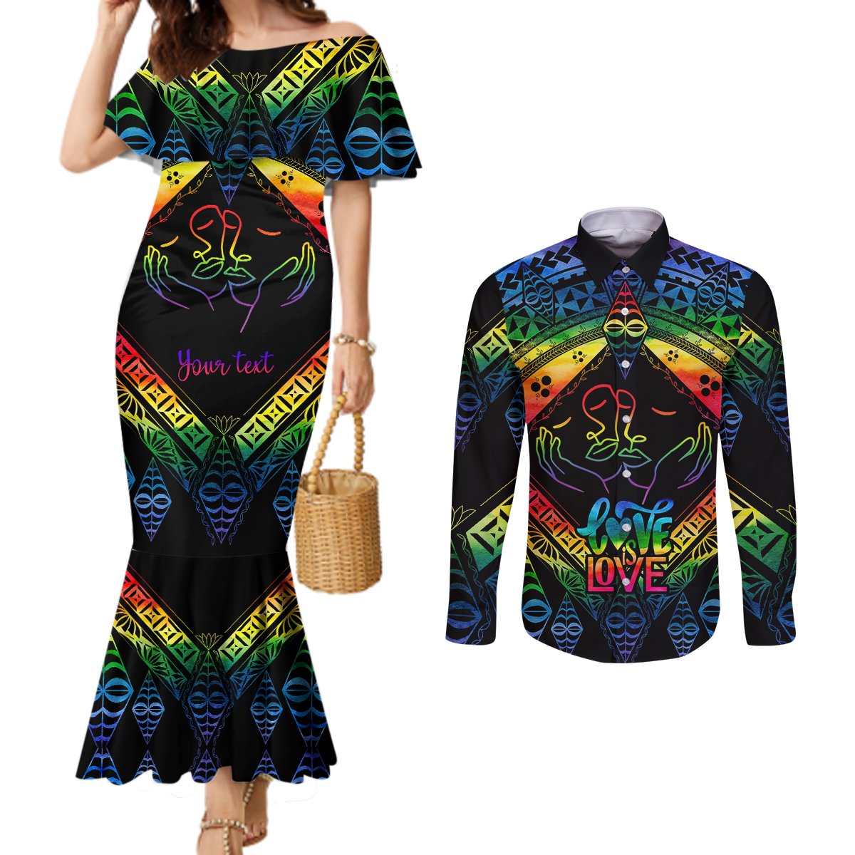 personalised-tonga-lgbt-couples-matching-mermaid-dress-and-long-sleeve-button-shirts-love-is-love-ngatu-rainbow-water-color