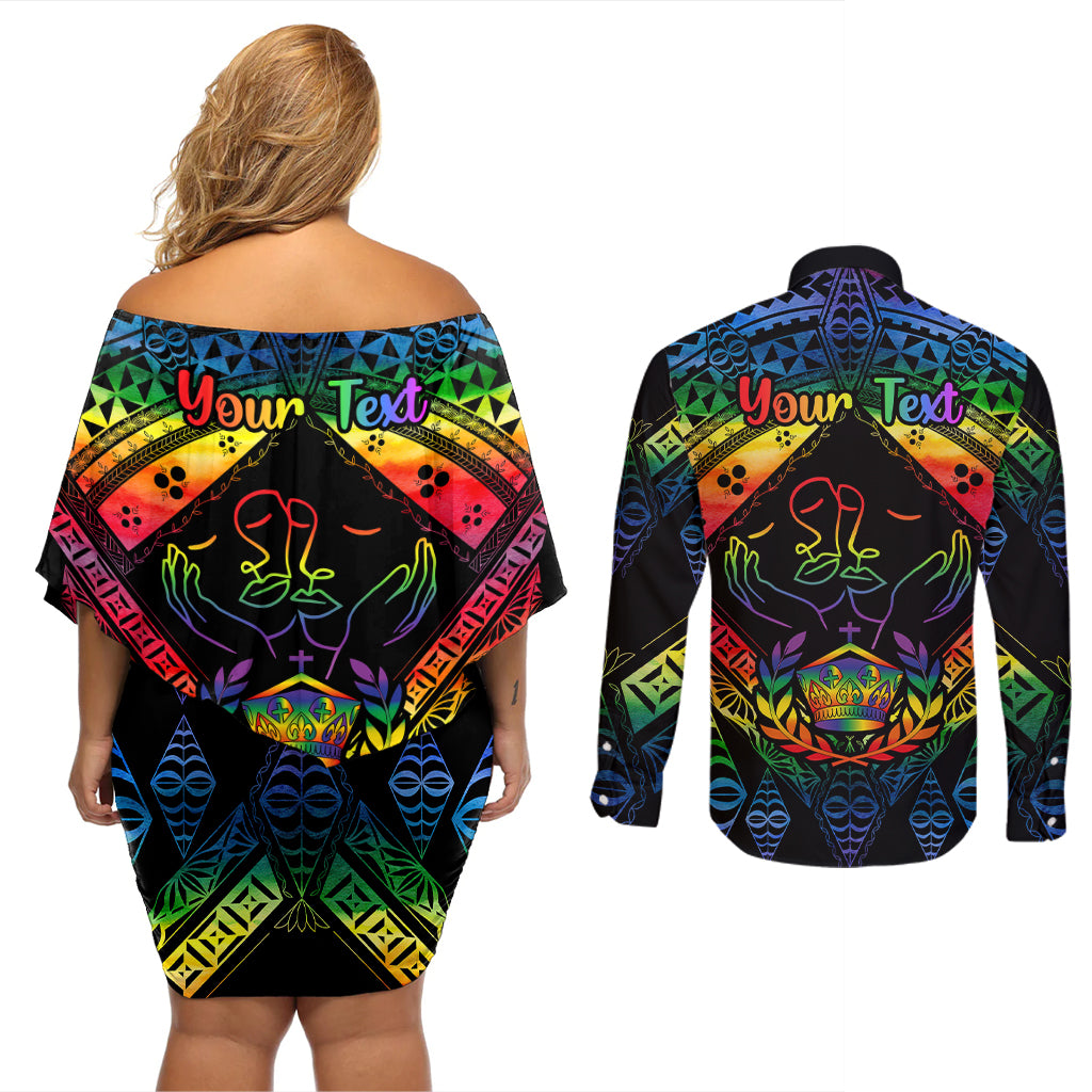 personalised-tonga-lgbt-couples-matching-off-shoulder-short-dress-and-long-sleeve-button-shirts-love-is-love-ngatu-rainbow-water-color