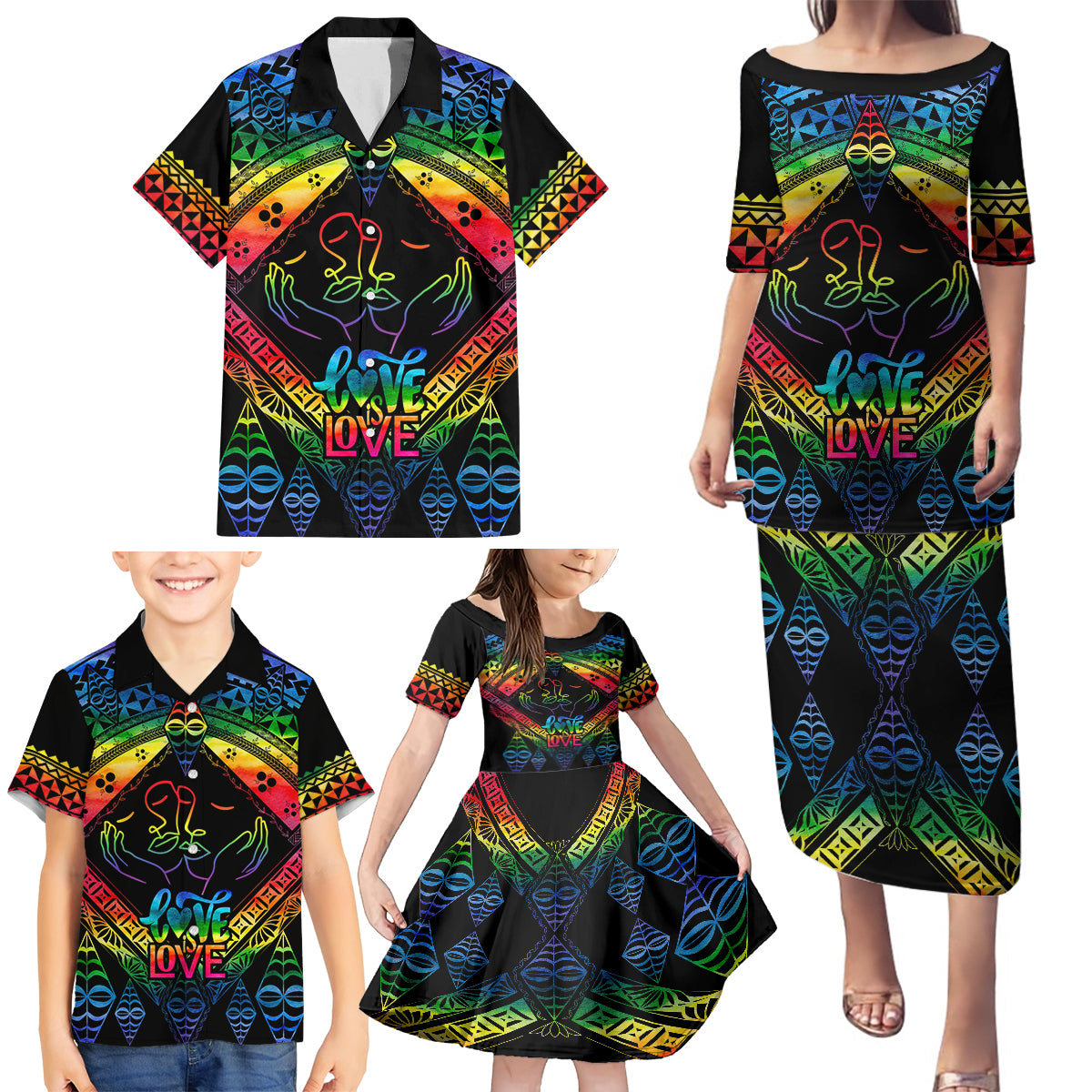 Personalised Tonga LGBT Family Matching Puletasi Dress and Hawaiian Shirt Love Is Love Ngatu Rainbow Water Color LT9 - Polynesian Pride