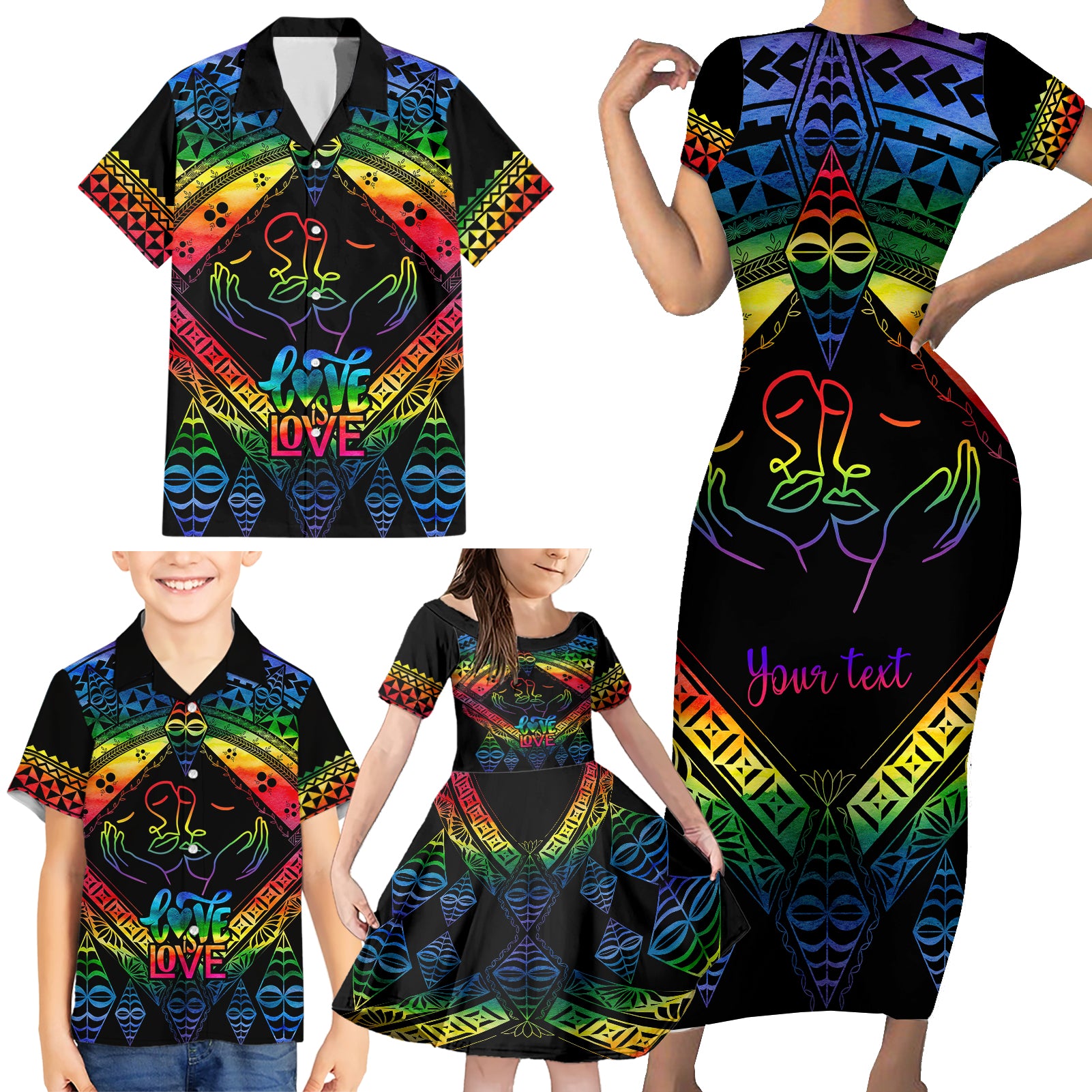 Personalised Tonga LGBT Family Matching Short Sleeve Bodycon Dress and Hawaiian Shirt Love Is Love Ngatu Rainbow Water Color LT9 - Polynesian Pride