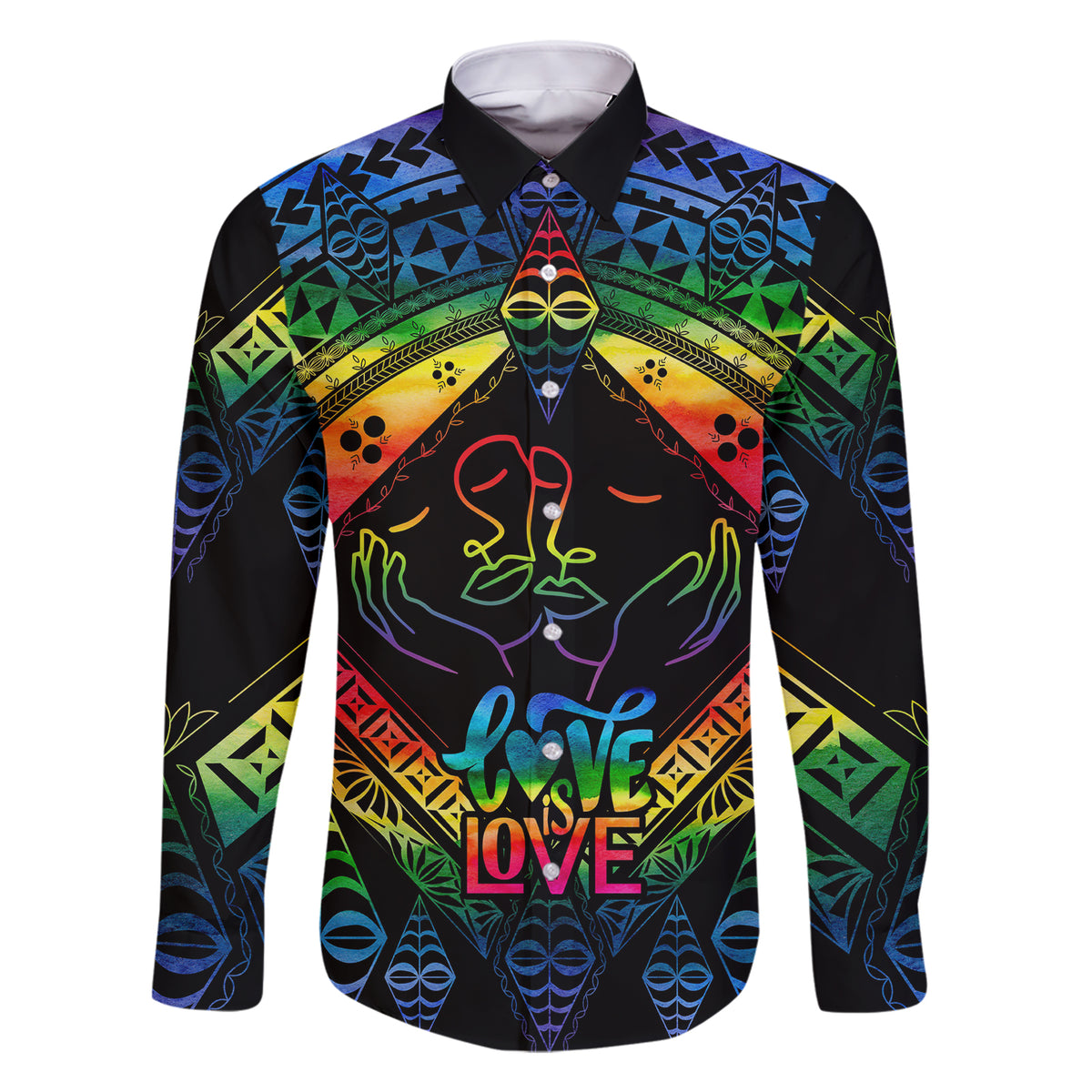 Personalised Tonga LGBT Family Matching Short Sleeve Bodycon Dress and Hawaiian Shirt Love Is Love Ngatu Rainbow Water Color LT9 Dad's Shirt - Long Sleeve Black - Polynesian Pride