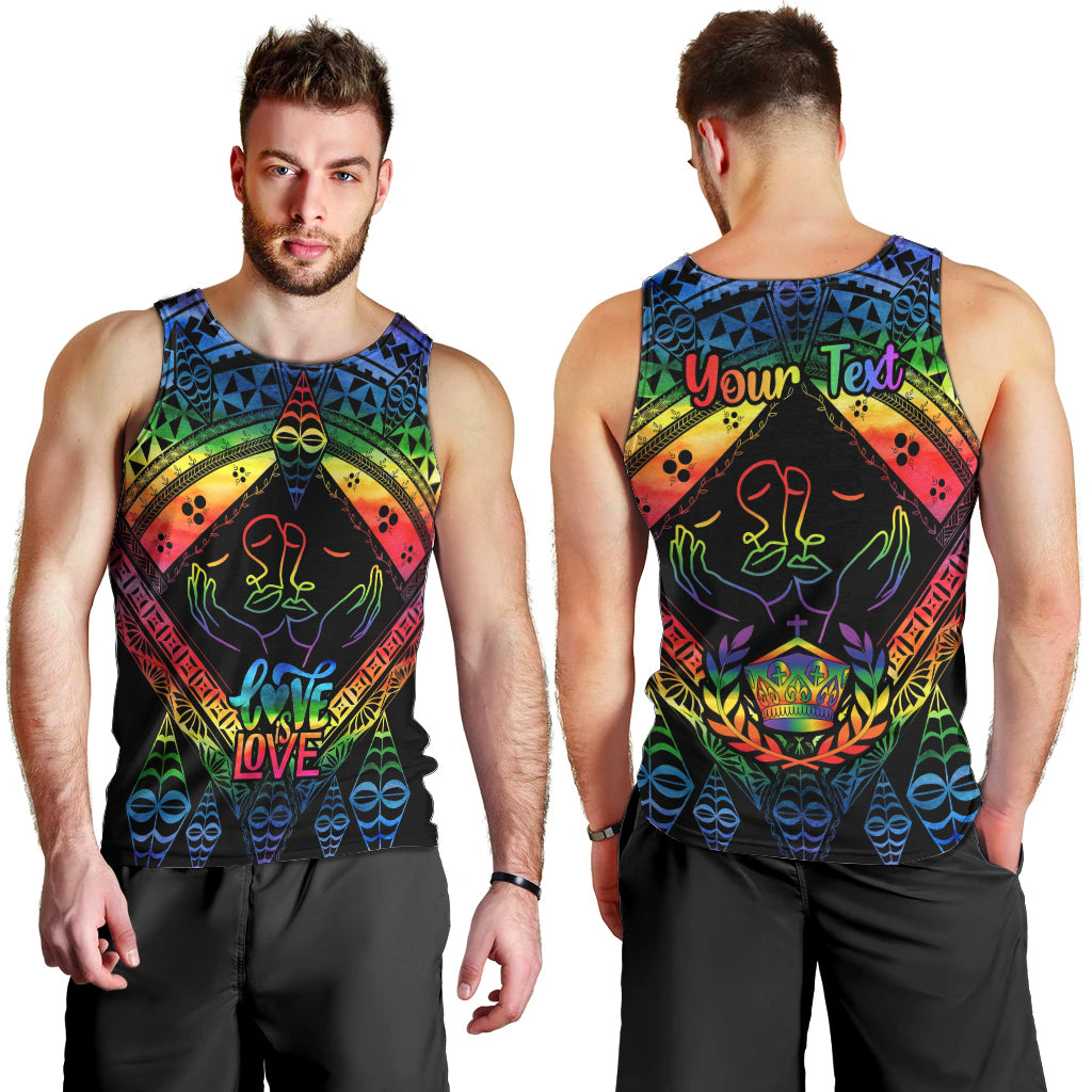 Personalised Tonga LGBT Men Tank Top Love Is Love Ngatu Rainbow Water Color LT9 - Polynesian Pride