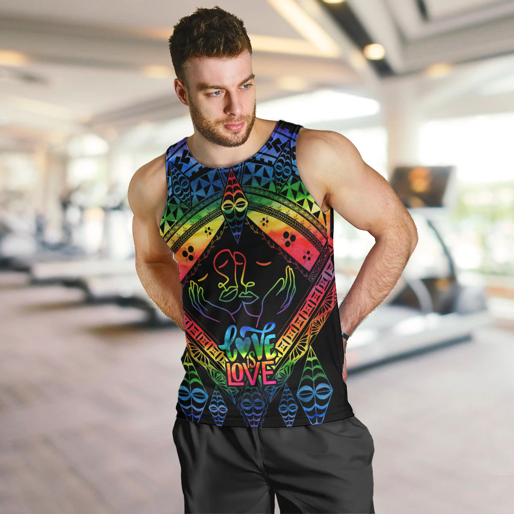 Personalised Tonga LGBT Men Tank Top Love Is Love Ngatu Rainbow Water Color LT9 - Polynesian Pride