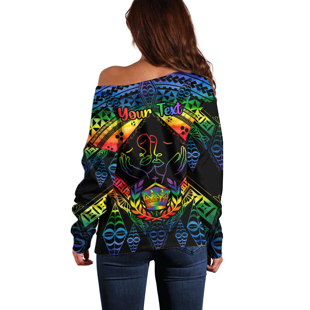 personalised-tonga-lgbt-off-shoulder-sweater-love-is-love-ngatu-rainbow-water-color