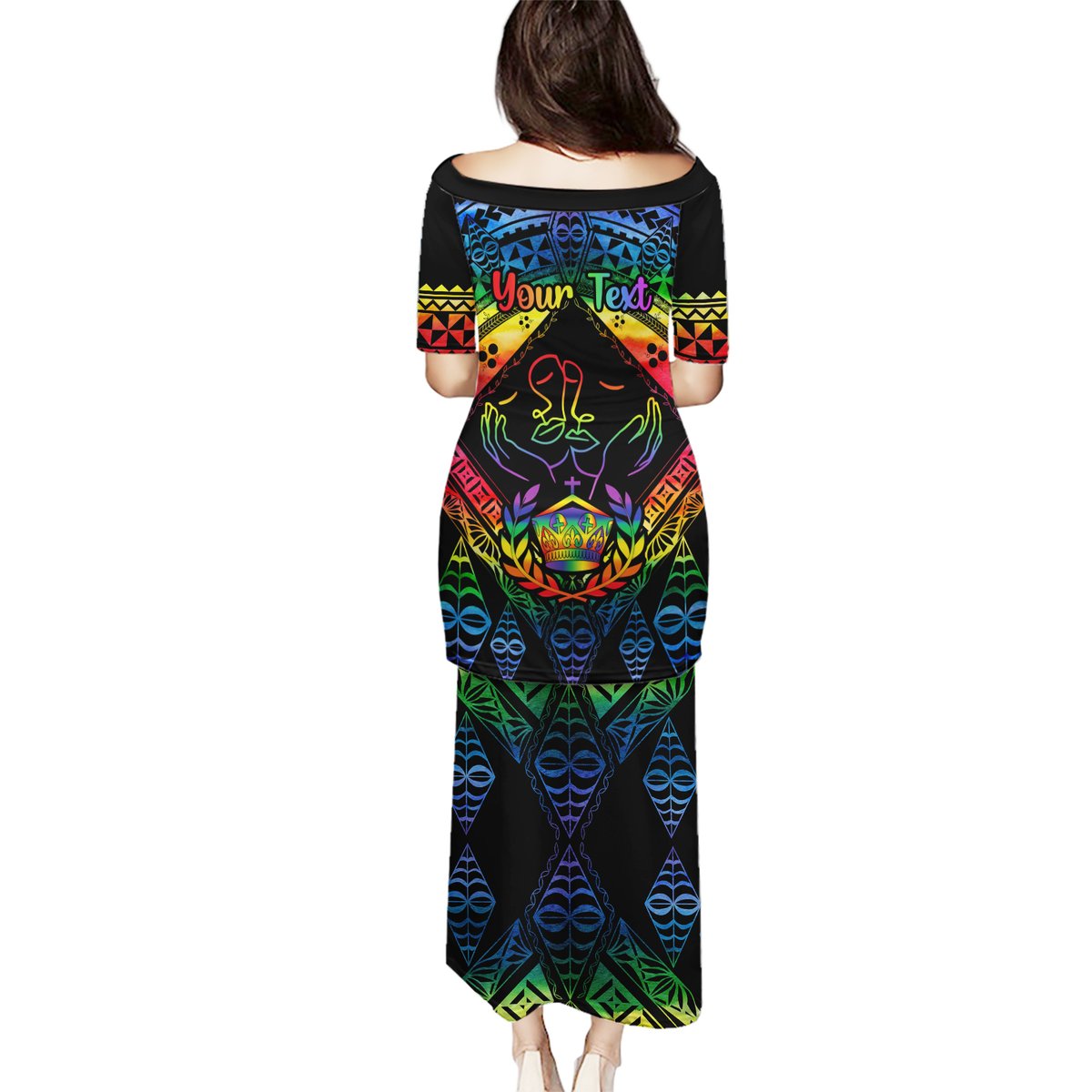 Personalised Tonga LGBT Puletasi Love Is Love Ngatu Rainbow Water Color LT9 - Polynesian Pride