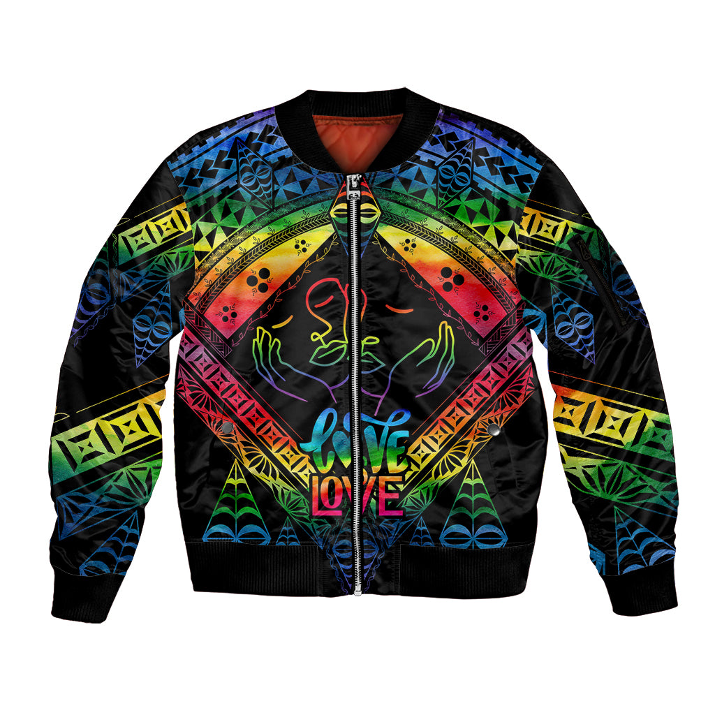 Personalised Tonga LGBT Sleeve Zip Bomber Jacket Love Is Love Ngatu Rainbow Water Color LT9 Unisex Black - Polynesian Pride