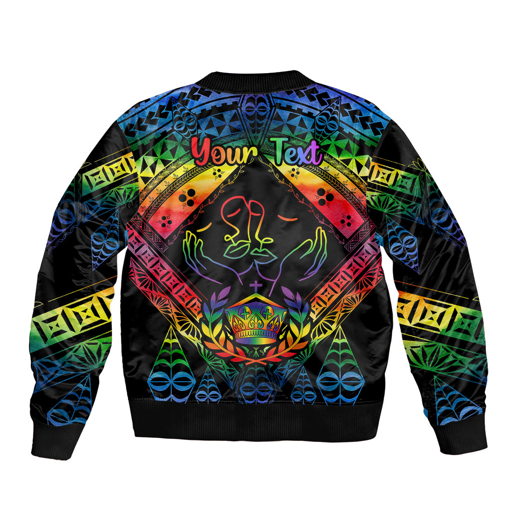 Personalised Tonga LGBT Sleeve Zip Bomber Jacket Love Is Love Ngatu Rainbow Water Color LT9 - Polynesian Pride