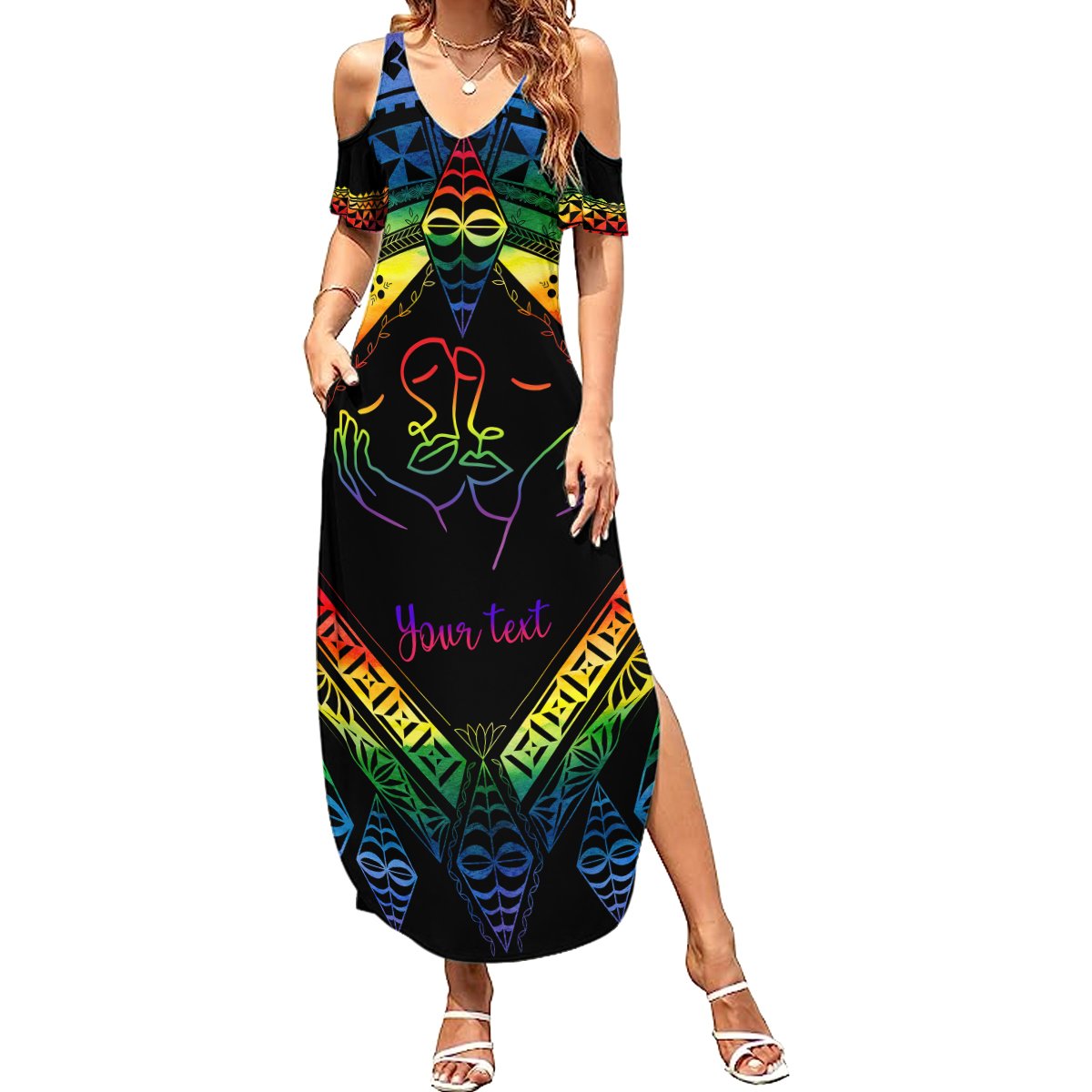 Personalised Tonga LGBT Summer Maxi Dress Love Is Love Ngatu Rainbow Water Color LT9 Women Black - Polynesian Pride