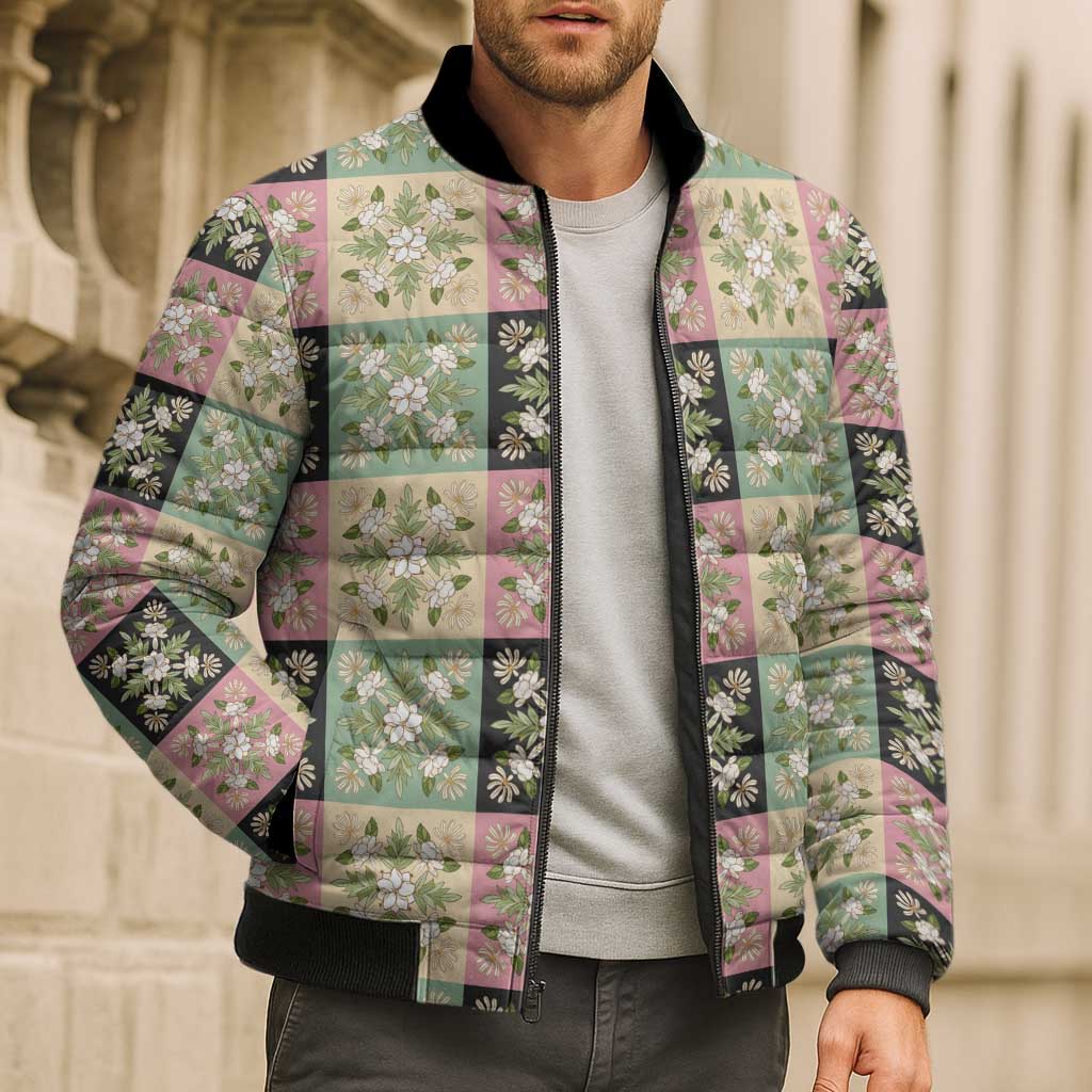 Seamless Pattern Maile and Pikake Lei Bomber Puffer Jacket Squares Maile Leaf LT9 - Polynesian Pride