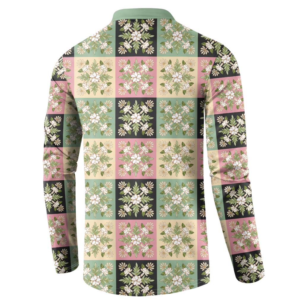 Seamless Pattern Maile and Pikake Lei Button Sweatshirt Squares Maile Leaf LT9 - Polynesian Pride