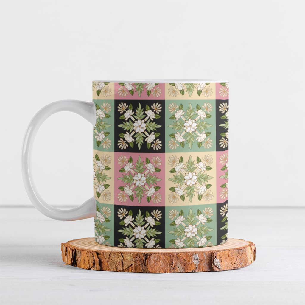 Seamless Pattern Maile and Pikake Lei Ceramic Mug Squares Maile Leaf LT9 Green - Polynesian Pride