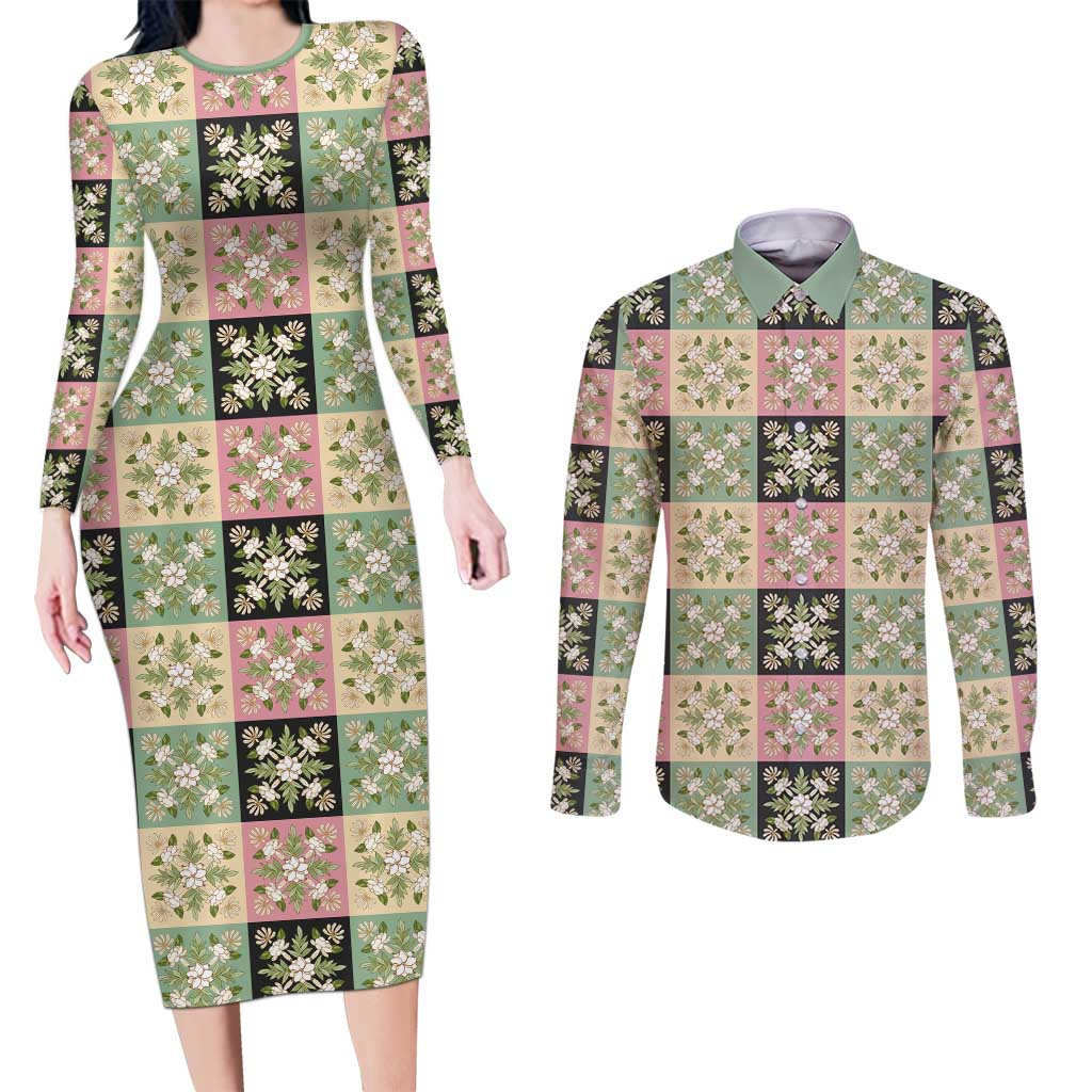 Seamless Pattern Maile and Pikake Lei Couples Matching Long Sleeve Bodycon Dress and Long Sleeve Button Shirt Squares Maile Leaf LT9 Green - Polynesian Pride
