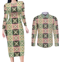 Seamless Pattern Maile and Pikake Lei Couples Matching Long Sleeve Bodycon Dress and Long Sleeve Button Shirt Squares Maile Leaf LT9 Green - Polynesian Pride