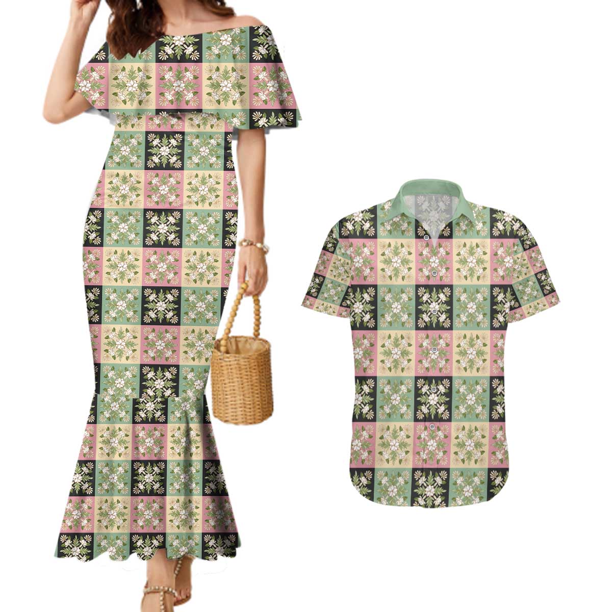 Seamless Pattern Maile and Pikake Lei Couples Matching Mermaid Dress and Hawaiian Shirt Squares Maile Leaf - Polynesian Pride