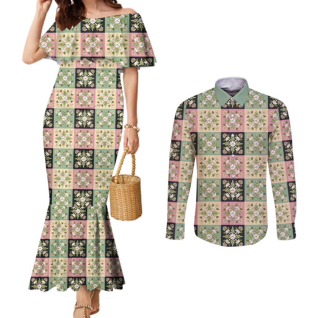 Seamless Pattern Maile and Pikake Lei Couples Matching Mermaid Dress and Long Sleeve Button Shirt Squares Maile Leaf LT9 Green - Polynesian Pride