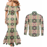 Seamless Pattern Maile and Pikake Lei Couples Matching Mermaid Dress and Long Sleeve Button Shirt Squares Maile Leaf LT9 - Polynesian Pride