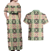 Seamless Pattern Maile and Pikake Lei Couples Matching Off Shoulder Maxi Dress and Hawaiian Shirt Squares Maile Leaf - Polynesian Pride
