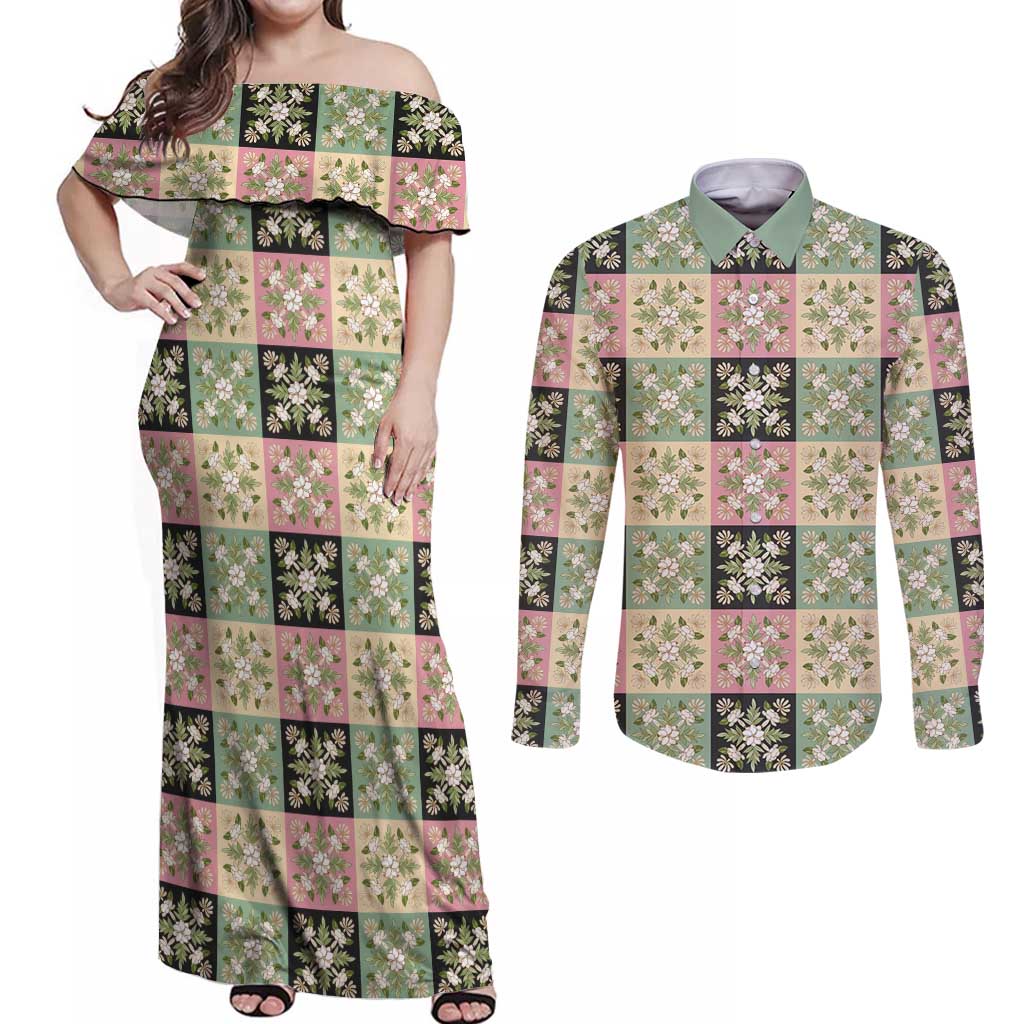 Seamless Pattern Maile and Pikake Lei Couples Matching Off Shoulder Maxi Dress and Long Sleeve Button Shirt Squares Maile Leaf LT9 Green - Polynesian Pride