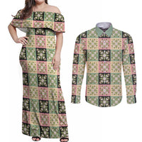Seamless Pattern Maile and Pikake Lei Couples Matching Off Shoulder Maxi Dress and Long Sleeve Button Shirt Squares Maile Leaf LT9 Green - Polynesian Pride