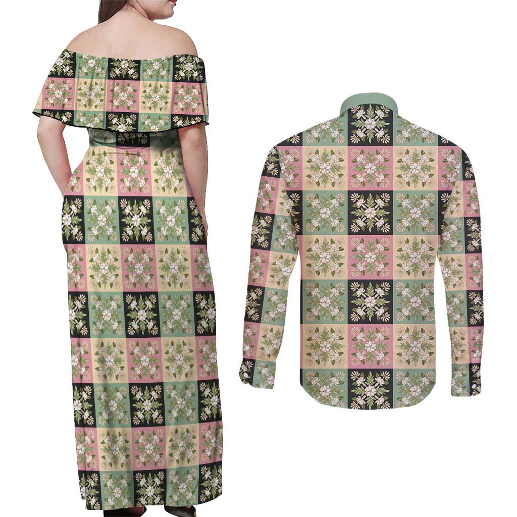 Seamless Pattern Maile and Pikake Lei Couples Matching Off Shoulder Maxi Dress and Long Sleeve Button Shirt Squares Maile Leaf LT9 - Polynesian Pride