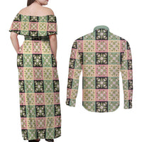 Seamless Pattern Maile and Pikake Lei Couples Matching Off Shoulder Maxi Dress and Long Sleeve Button Shirt Squares Maile Leaf LT9 - Polynesian Pride