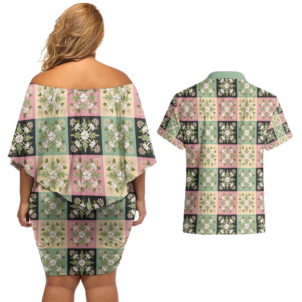 Seamless Pattern Maile and Pikake Lei Couples Matching Off Shoulder Short Dress and Hawaiian Shirt Squares Maile Leaf - Polynesian Pride