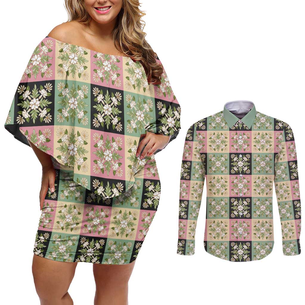 Seamless Pattern Maile and Pikake Lei Couples Matching Off Shoulder Short Dress and Long Sleeve Button Shirt Squares Maile Leaf LT9 Green - Polynesian Pride