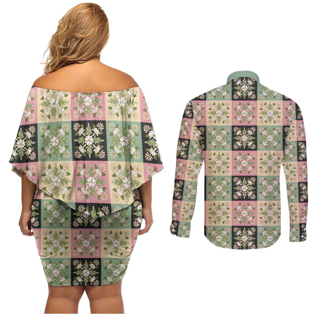 Seamless Pattern Maile and Pikake Lei Couples Matching Off Shoulder Short Dress and Long Sleeve Button Shirt Squares Maile Leaf LT9 - Polynesian Pride