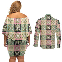 Seamless Pattern Maile and Pikake Lei Couples Matching Off Shoulder Short Dress and Long Sleeve Button Shirt Squares Maile Leaf LT9 - Polynesian Pride
