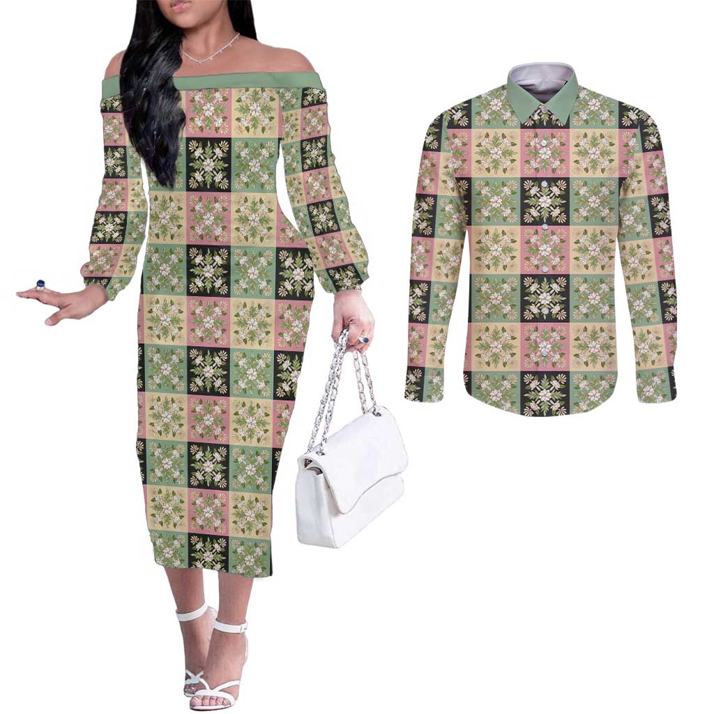 Seamless Pattern Maile and Pikake Lei Couples Matching Off The Shoulder Long Sleeve Dress and Long Sleeve Button Shirt Squares Maile Leaf LT9 Green - Polynesian Pride