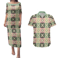 Seamless Pattern Maile and Pikake Lei Couples Matching Puletasi and Hawaiian Shirt Squares Maile Leaf LT9 Green - Polynesian Pride
