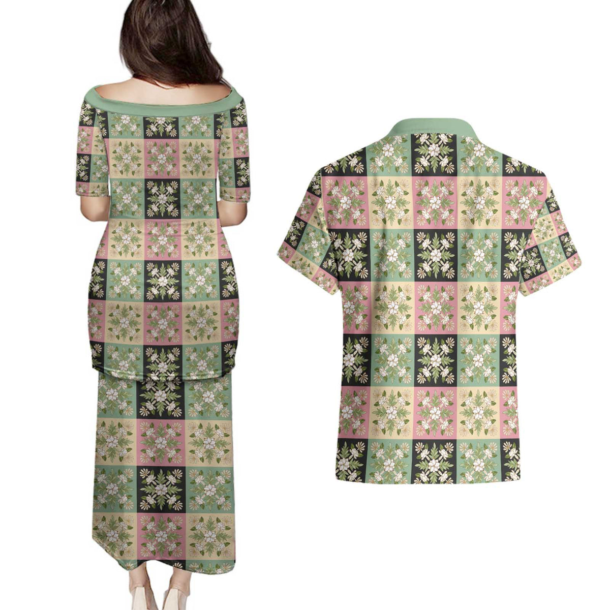 Seamless Pattern Maile and Pikake Lei Couples Matching Puletasi and Hawaiian Shirt Squares Maile Leaf LT9 - Polynesian Pride