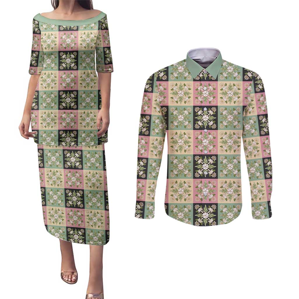 Seamless Pattern Maile and Pikake Lei Couples Matching Puletasi and Long Sleeve Button Shirt Squares Maile Leaf LT9 Green - Polynesian Pride