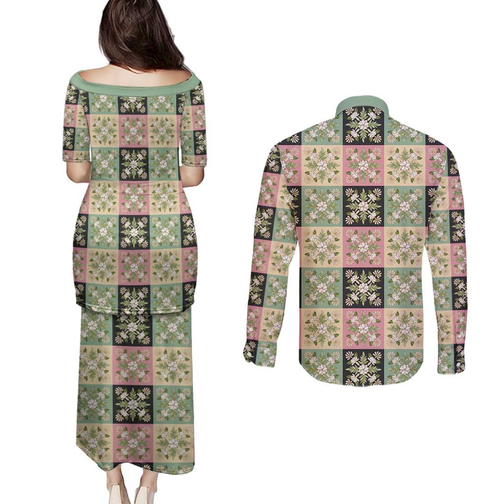 Seamless Pattern Maile and Pikake Lei Couples Matching Puletasi and Long Sleeve Button Shirt Squares Maile Leaf LT9 - Polynesian Pride
