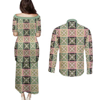 Seamless Pattern Maile and Pikake Lei Couples Matching Puletasi and Long Sleeve Button Shirt Squares Maile Leaf LT9 - Polynesian Pride