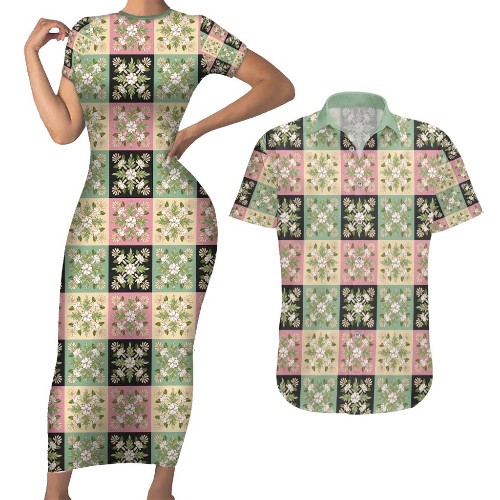 Seamless Pattern Maile and Pikake Lei Couples Matching Short Sleeve Bodycon Dress and Hawaiian Shirt Squares Maile Leaf - Polynesian Pride
